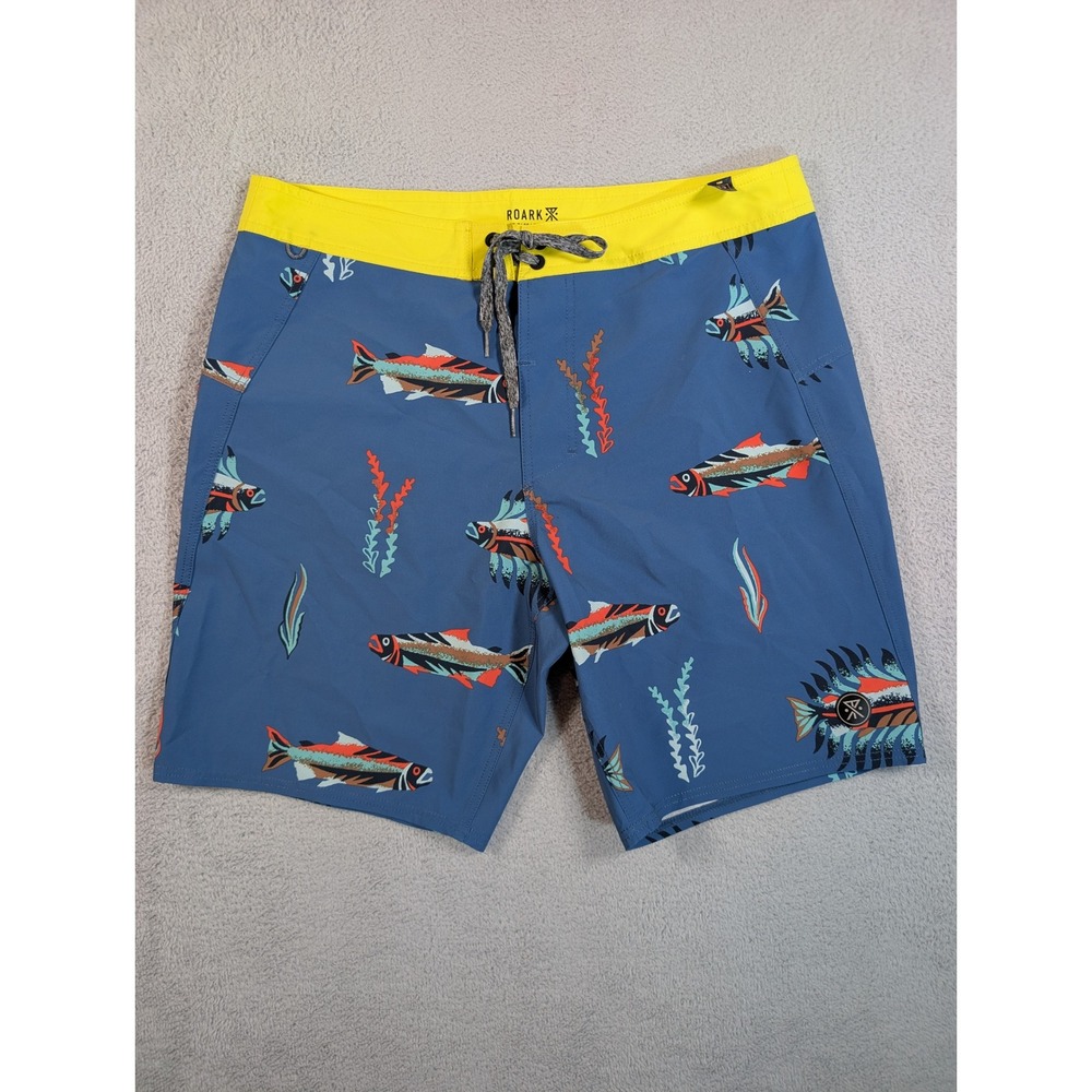 Roark Passage Series Board Shorts Mens 34 Blue Yellow Fish Trout Print